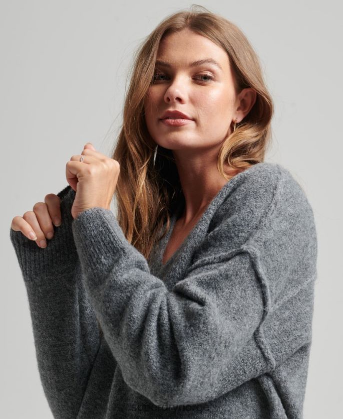 Superdry mørk grå klær 86P46D2442 strikket genserkjole med v-hals kvinner