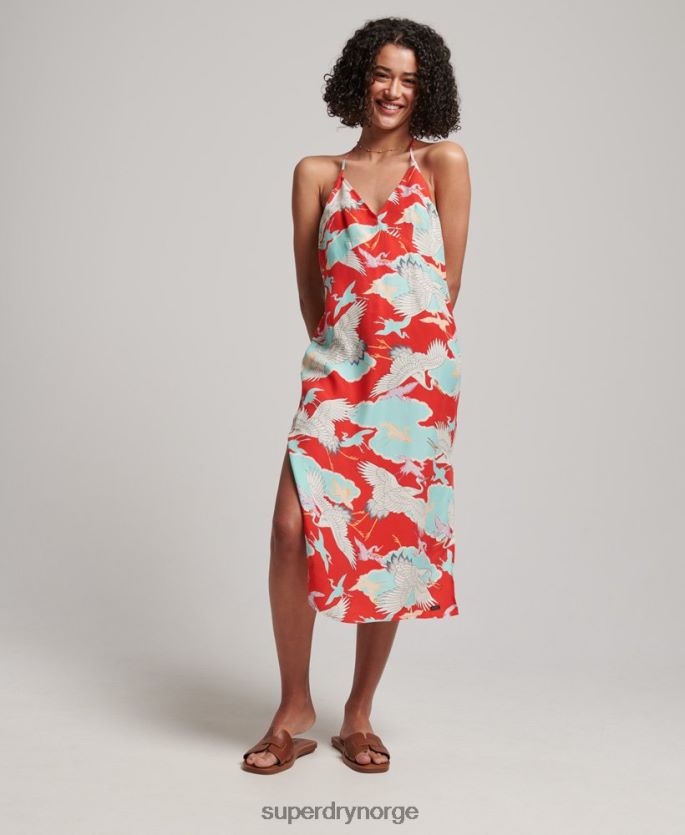 Superdry rød klær 86P46D2403 trykt midi slip kjole kvinner