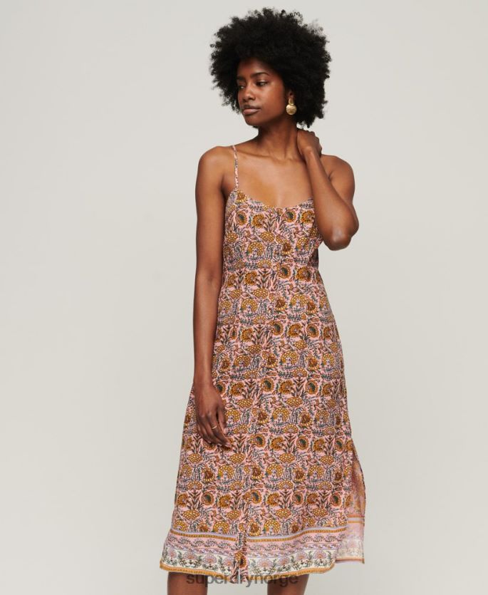 Superdry rosa klær 86P46D2009 cami midikjole med trykkknapp kvinner