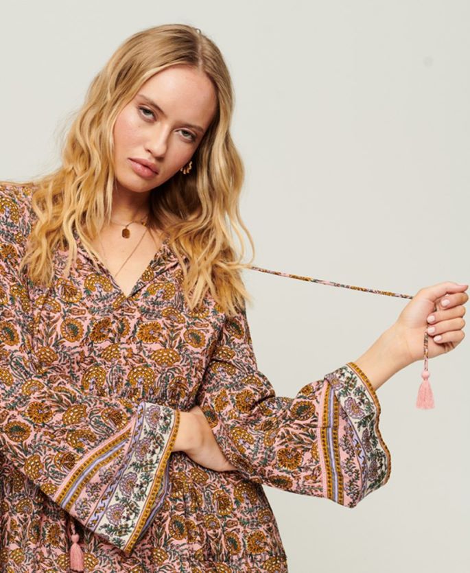 Superdry rosa klær 86P46D2080 60-talls minikjole med flare ermer kvinner