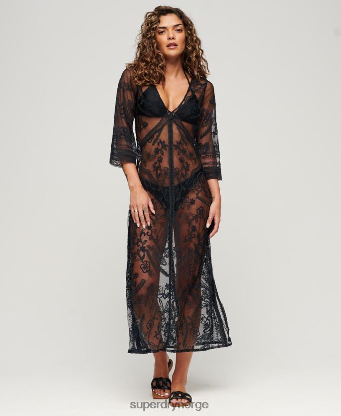 Superdry svart klær 86P46D2272 stranddekke maxikjole med blonder kvinner