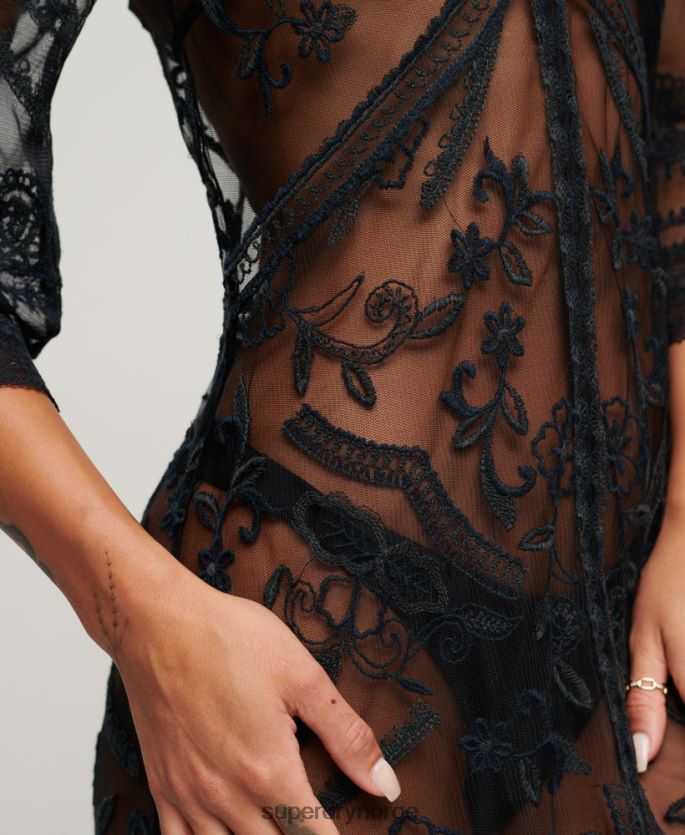 Superdry svart klær 86P46D2272 stranddekke maxikjole med blonder kvinner