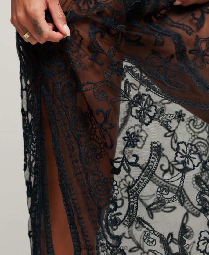 Superdry svart klær 86P46D2272 stranddekke maxikjole med blonder kvinner