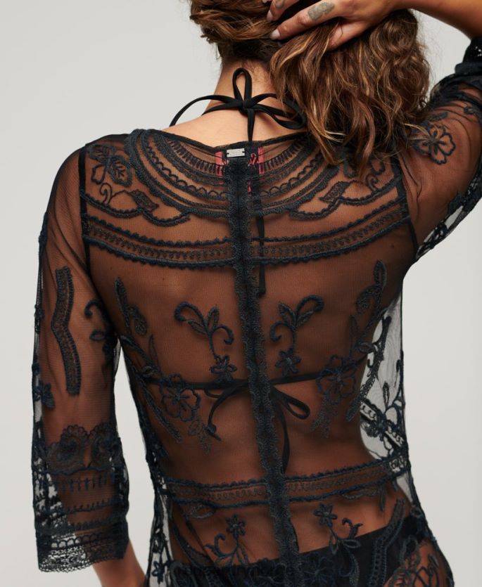 Superdry svart klær 86P46D2272 stranddekke maxikjole med blonder kvinner