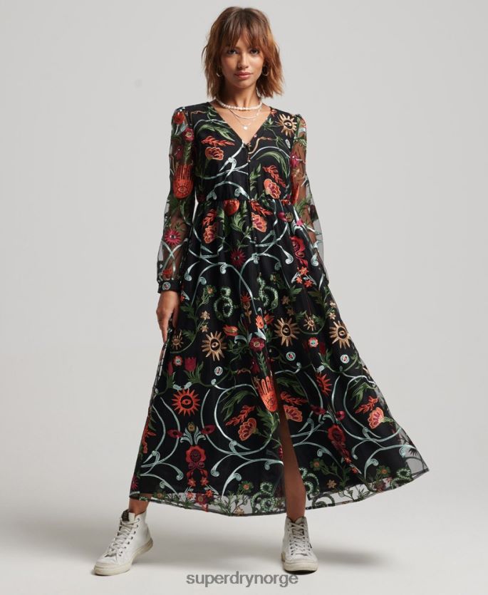 Superdry svart klær 86P46D2414 langermet maxi-kjole i mesh kvinner