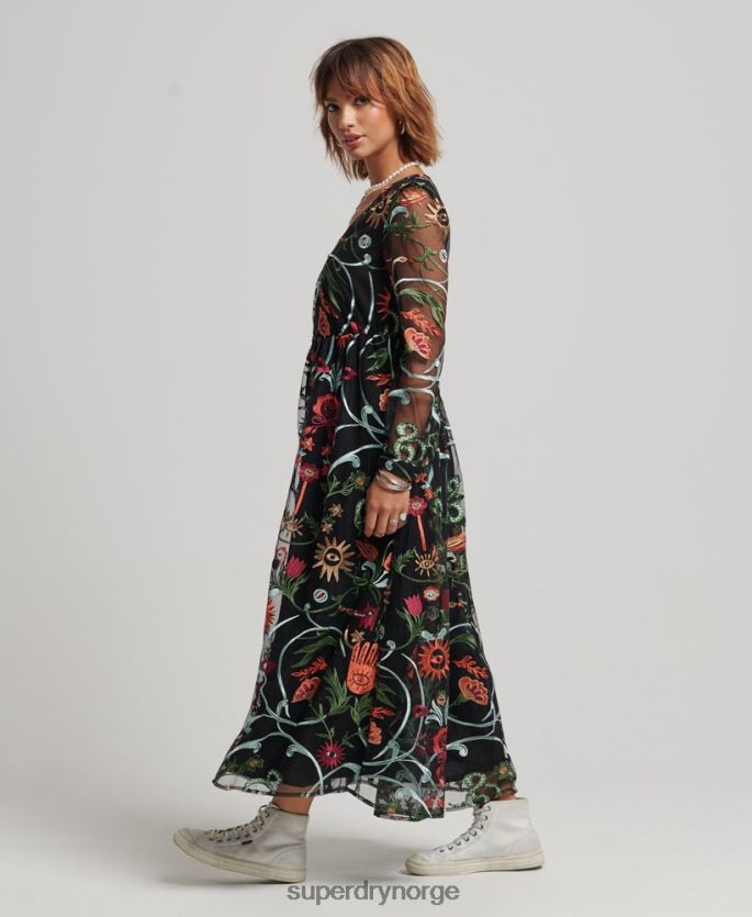 Superdry svart klær 86P46D2414 langermet maxi-kjole i mesh kvinner