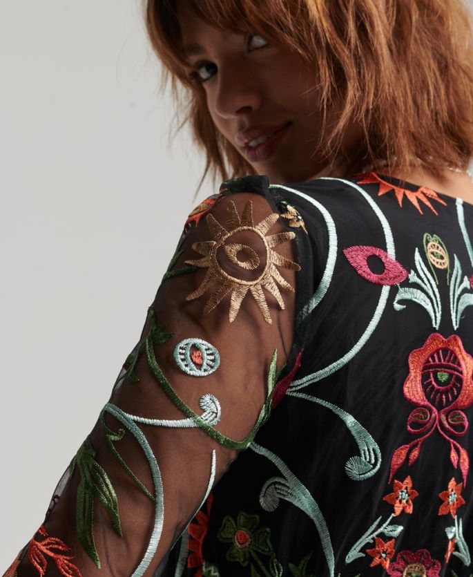 Superdry svart klær 86P46D2414 langermet maxi-kjole i mesh kvinner