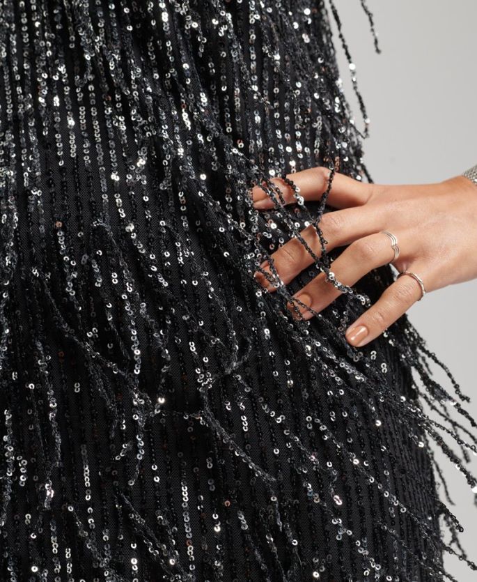 Superdry svart klær 86P46D2449 minikjole med frynser og paljetter kvinner