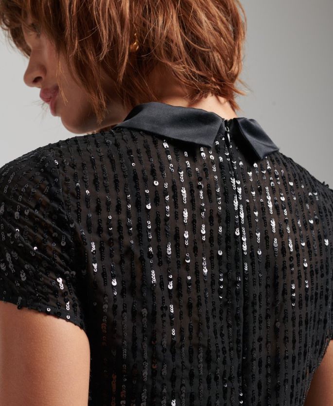 Superdry svart klær 86P46D2497 krage paljett t-skjorte kjole kvinner