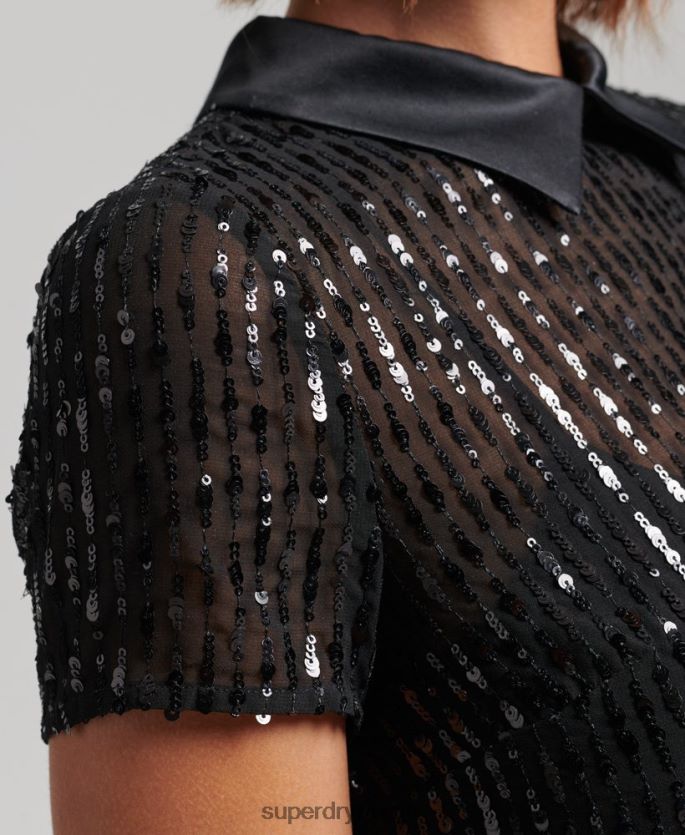 Superdry svart klær 86P46D2497 krage paljett t-skjorte kjole kvinner