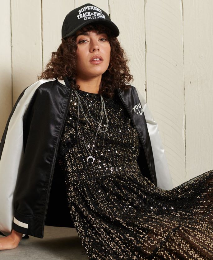 Superdry svart klær 86P46D2523 vevd kortermet midikjole med paljetter kvinner