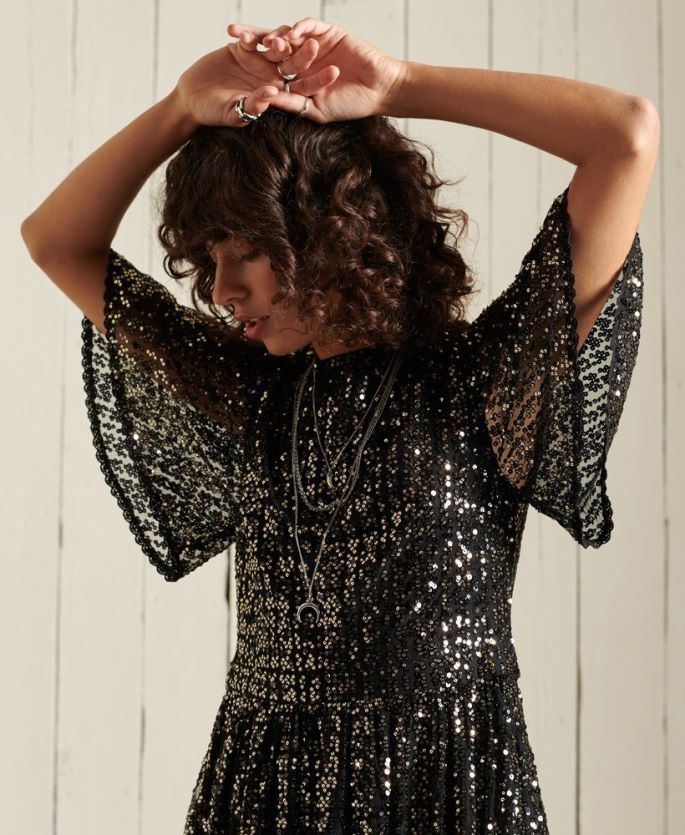 Superdry svart klær 86P46D2523 vevd kortermet midikjole med paljetter kvinner