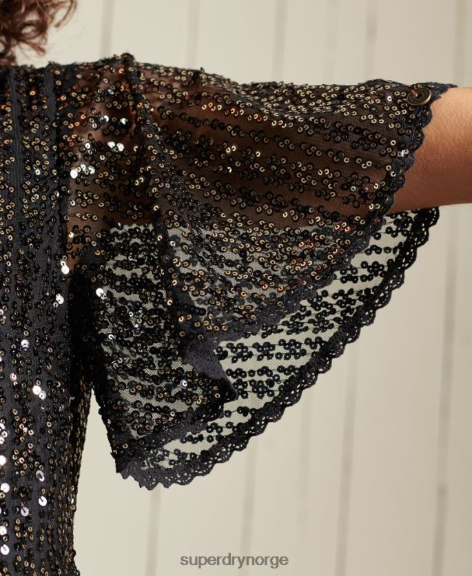 Superdry svart klær 86P46D2523 vevd kortermet midikjole med paljetter kvinner