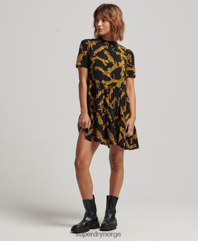 Superdry svart klær 86P46D2531 lagdelt kortermet minikjole kvinner