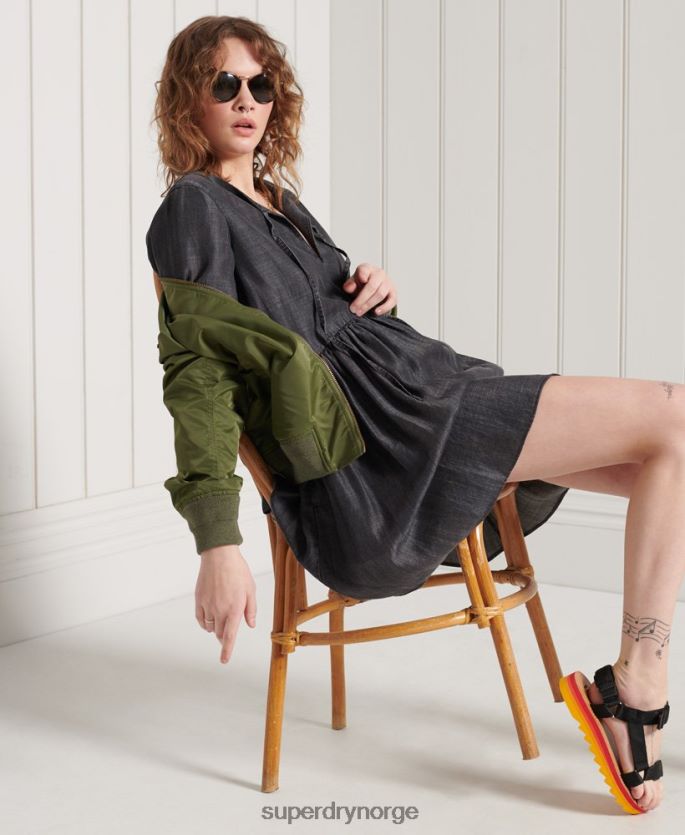 Superdry svart klær 86P46D2549 lange ermet tencel kjole kvinner