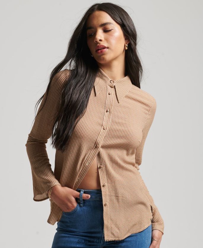 Superdry brun klær 86P46D6515 Langermet skjorte med 70-tallstrykk kvinner