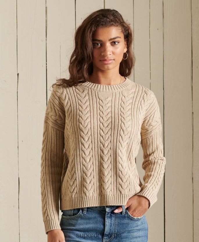Superdry beige klær 86P46D4026 droppet skulder kabelstrikket genser med rund hals kvinner