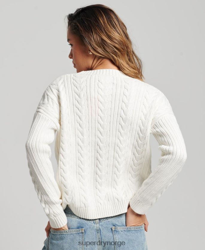 Superdry hvit klær 86P46D3959 droppet skulder kabelstrikket genser med rund hals kvinner