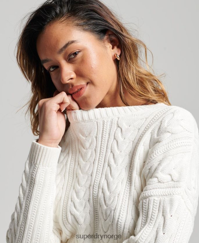 Superdry hvit klær 86P46D3959 droppet skulder kabelstrikket genser med rund hals kvinner