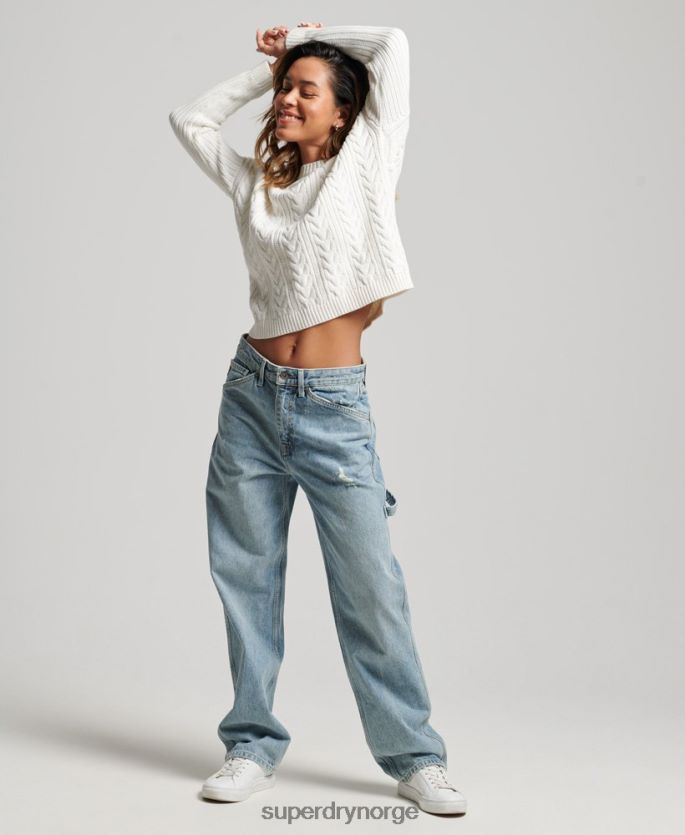 Superdry hvit klær 86P46D3959 droppet skulder kabelstrikket genser med rund hals kvinner