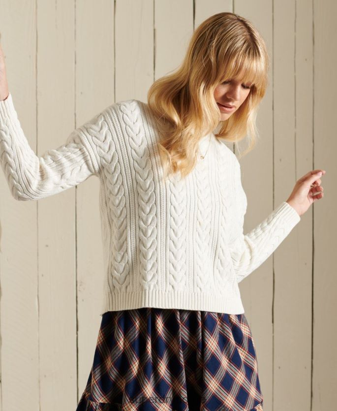 Superdry hvit klær 86P46D4035 droppet skulder kabel crew jumper kvinner