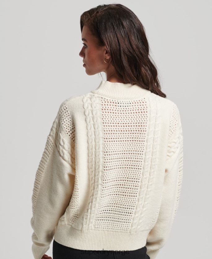 Superdry hvit klær 86P46D6535 kabelstrikket genser med rund hals kvinner