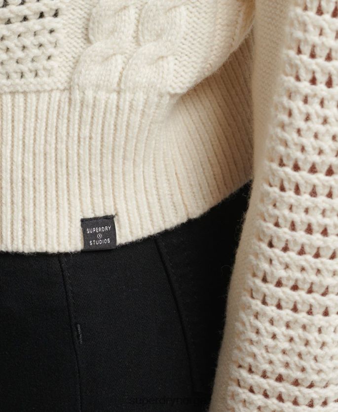 Superdry hvit klær 86P46D6535 kabelstrikket genser med rund hals kvinner