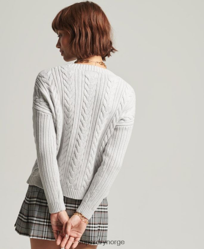 Superdry lysegrå klær 86P46D4024 droppet skulder kabelstrikket genser med rund hals kvinner