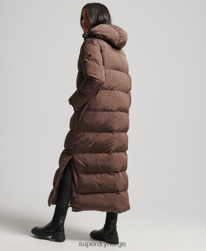 Superdry brun klær 86P46D3579 maxi pufferfrakk med hette kvinner