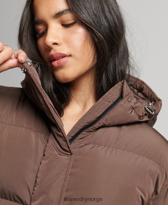 Superdry brun klær 86P46D3579 maxi pufferfrakk med hette kvinner