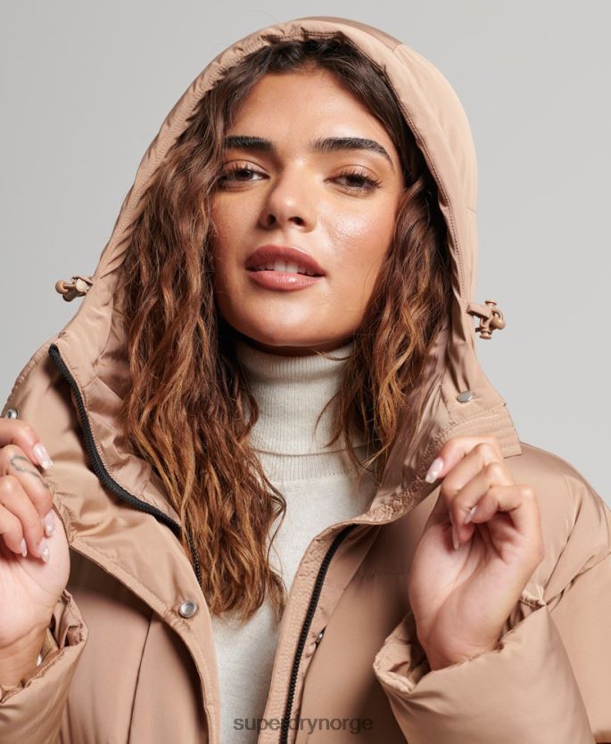 Superdry brun klær 86P46D3650 maxi pufferfrakk med hette kvinner