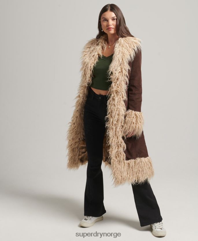 Superdry brun klær 86P46D3813 fuskepelsfôret afghansk langlinefrakk kvinner