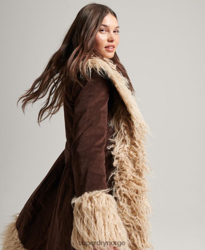 Superdry brun klær 86P46D3813 fuskepelsfôret afghansk langlinefrakk kvinner