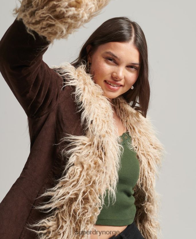 Superdry brun klær 86P46D3813 fuskepelsfôret afghansk langlinefrakk kvinner
