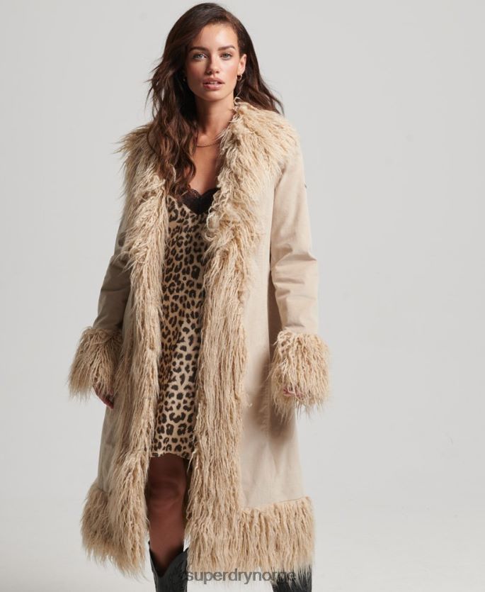 Superdry brun klær 86P46D3824 fuskepelsfôret afghansk langlinefrakk kvinner