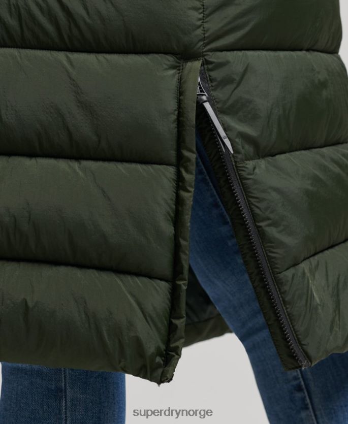 Superdry grønn klær 86P46D3626 langline pufferfrakk med hette i fuskepels kvinner