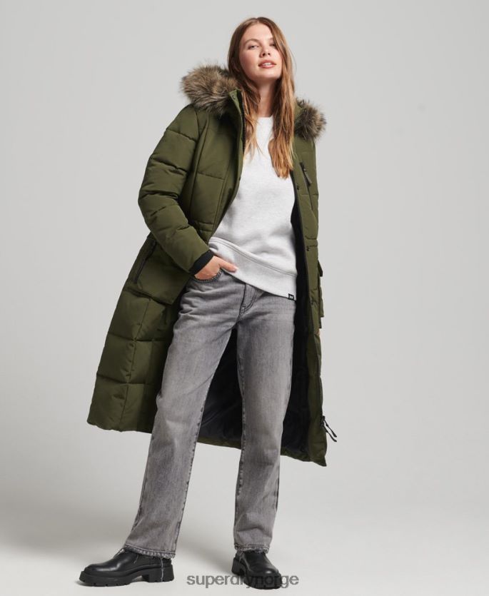 Superdry grønn klær 86P46D3681 langlinjet imitert pels everest-frakk kvinner