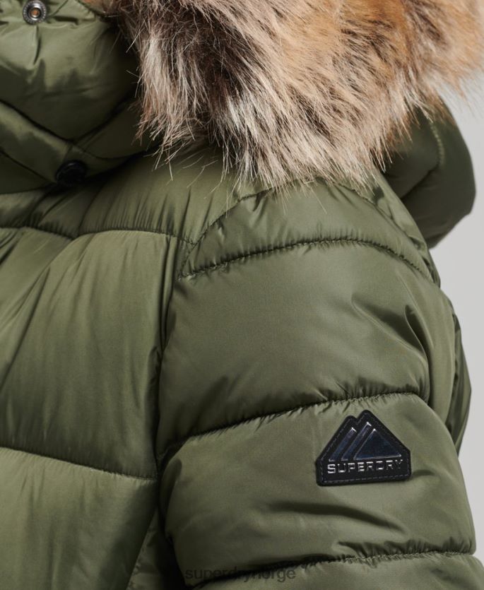 Superdry kaki klær 86P46D5671 Fuji langlinefrakk med fjellhette kvinner