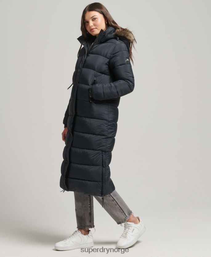 Superdry mørk grå klær 86P46D3660 langline pufferfrakk med hette i fuskepels kvinner