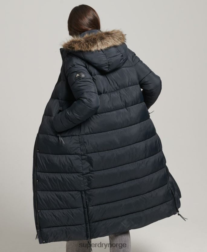 Superdry mørk grå klær 86P46D3660 langline pufferfrakk med hette i fuskepels kvinner