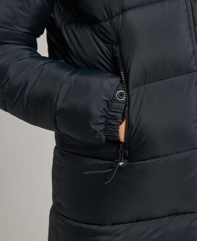 Superdry mørk grå klær 86P46D3660 langline pufferfrakk med hette i fuskepels kvinner