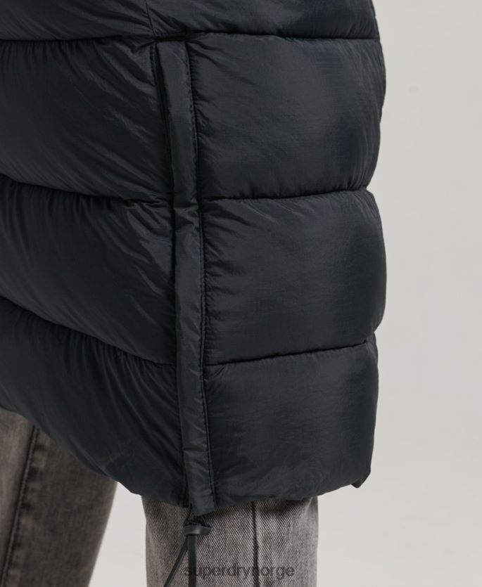 Superdry mørk grå klær 86P46D3660 langline pufferfrakk med hette i fuskepels kvinner