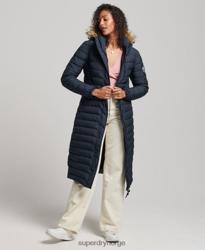 Superdry marinen klær 86P46D3622 fuskepels hette langline lett polstret pufferfrakk kvinner