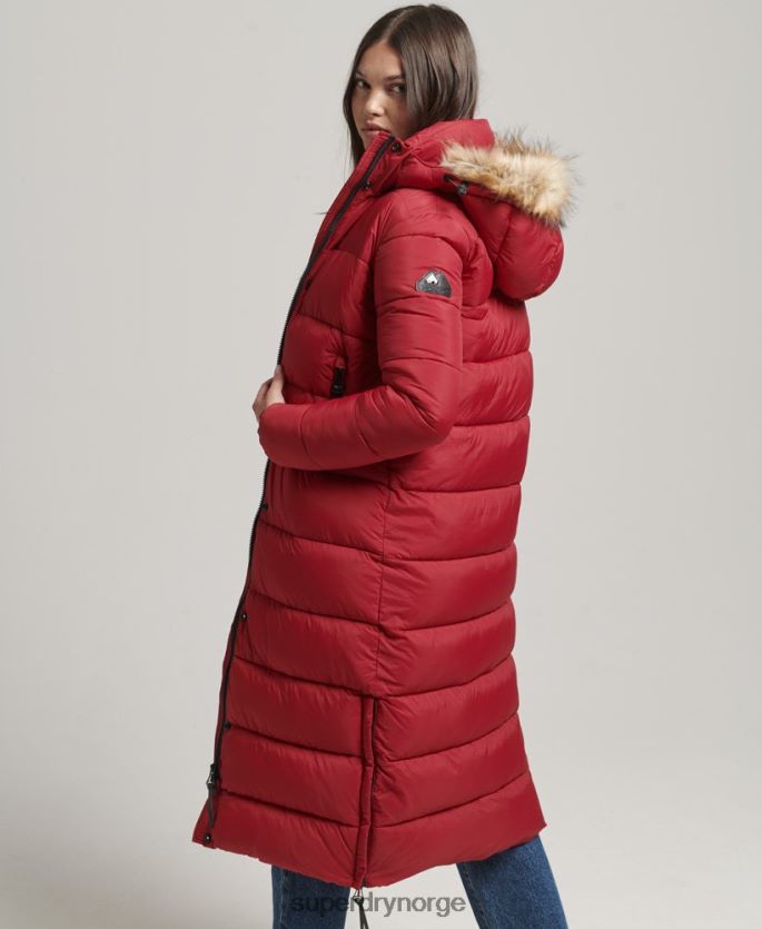 Superdry rød klær 86P46D3661 langline pufferfrakk med hette i fuskepels kvinner