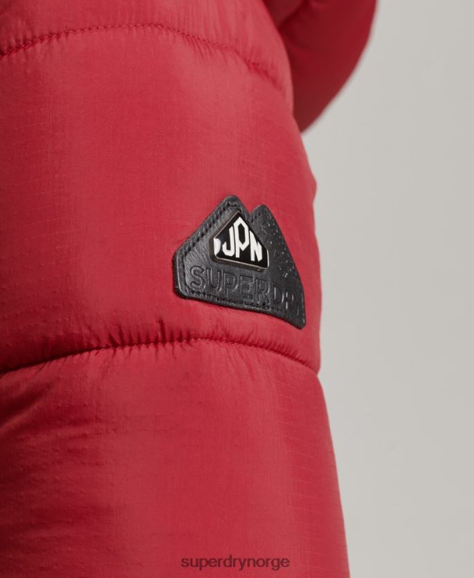Superdry rød klær 86P46D3661 langline pufferfrakk med hette i fuskepels kvinner