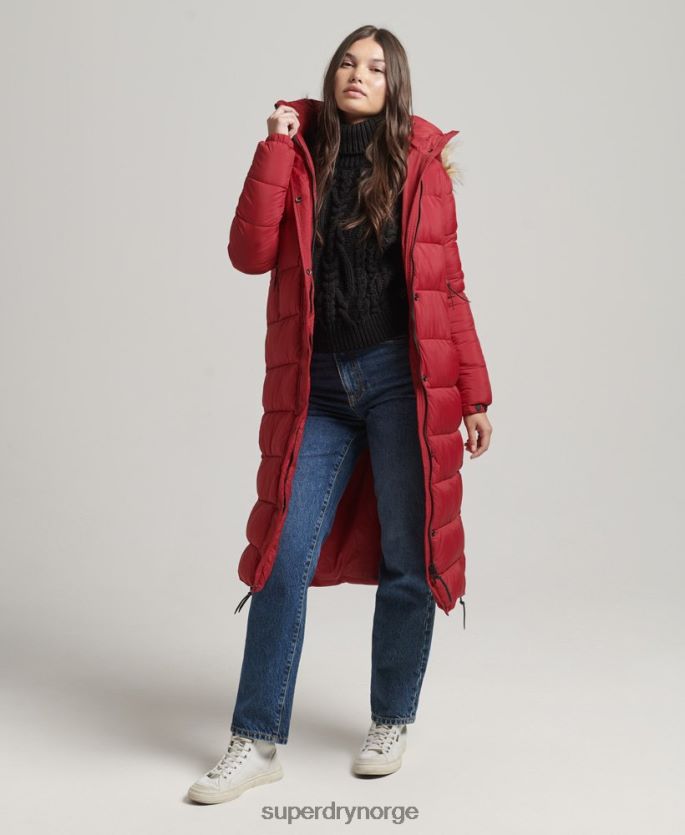 Superdry rød klær 86P46D3661 langline pufferfrakk med hette i fuskepels kvinner
