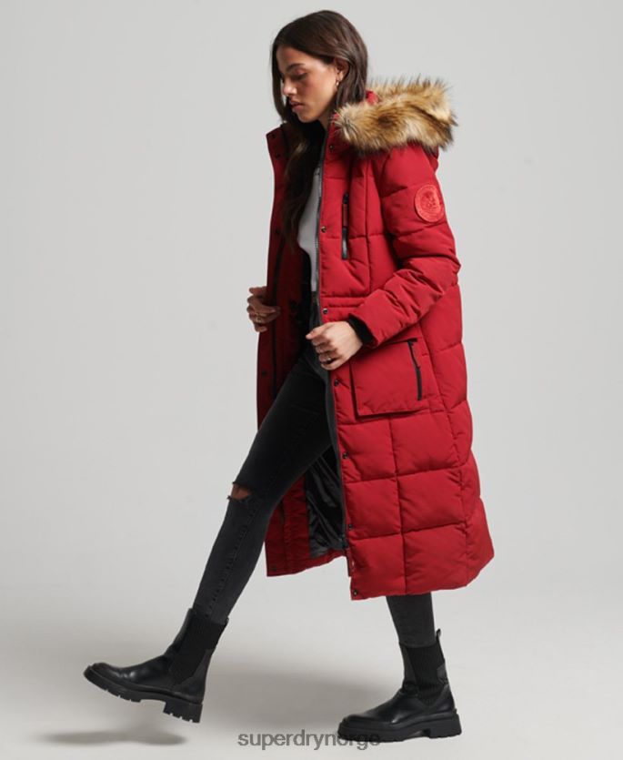 Superdry rød klær 86P46D3682 langlinjet imitert pels everest-frakk kvinner