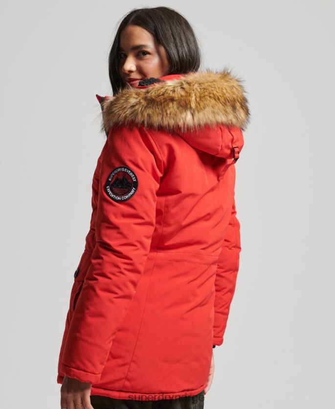 Superdry rød klær 86P46D3772 parkasjakke fra everest i fuskepels med hette kvinner
