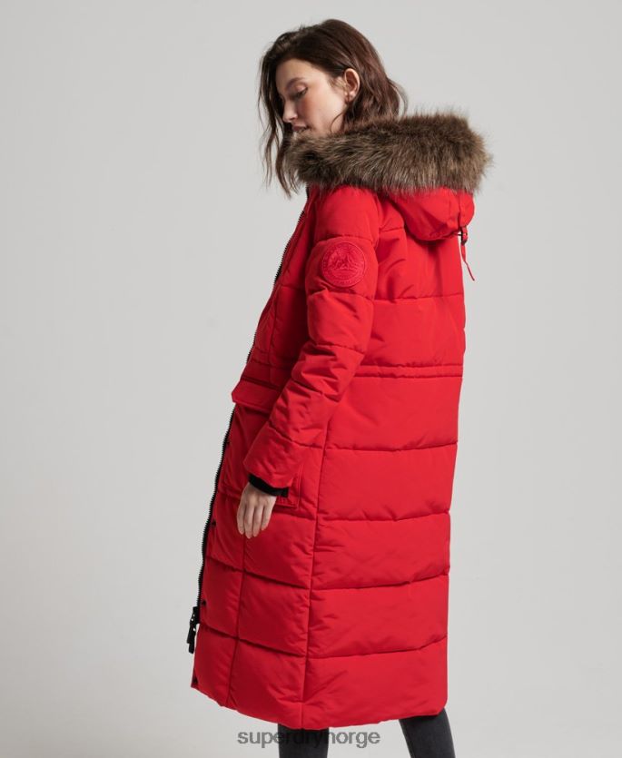 Superdry rød klær 86P46D3810 langlinjet imitert pels everest-frakk kvinner