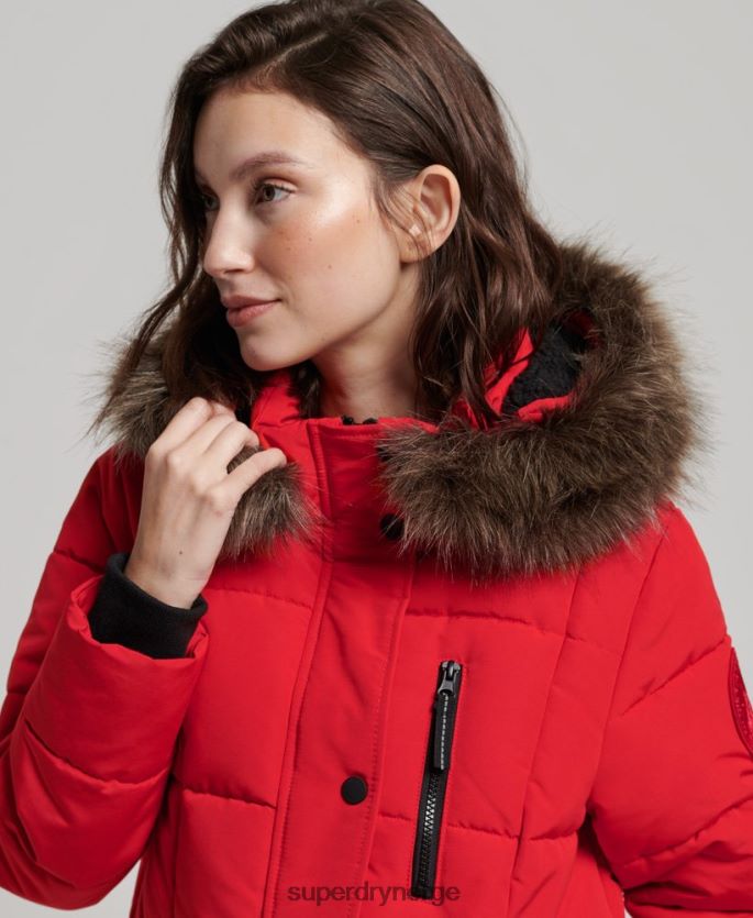 Superdry rød klær 86P46D3810 langlinjet imitert pels everest-frakk kvinner